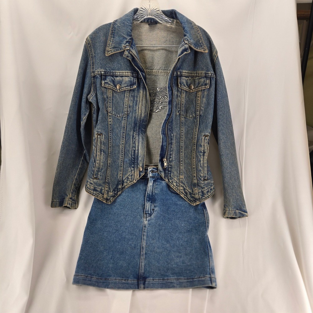 Vintage Harley Davidson Denim Set Biker Blues Jacket Skirt XS 2